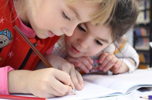 girls-on-desk-looking-at-notebook-159823